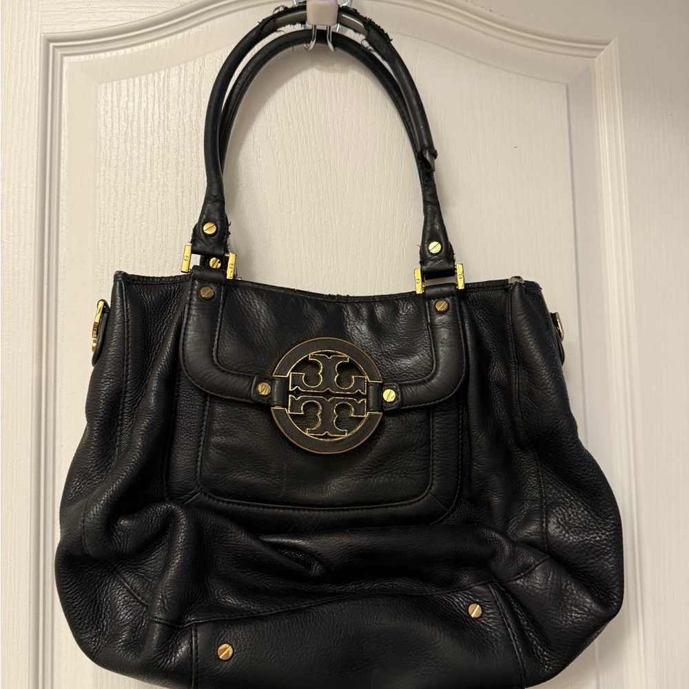 Tory Burch Black and Gold Shoulder Bag with Medallion Logo